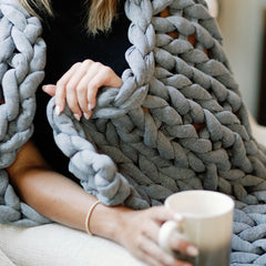 Woman with blanket drinking coffee #Color_Heather-Grey